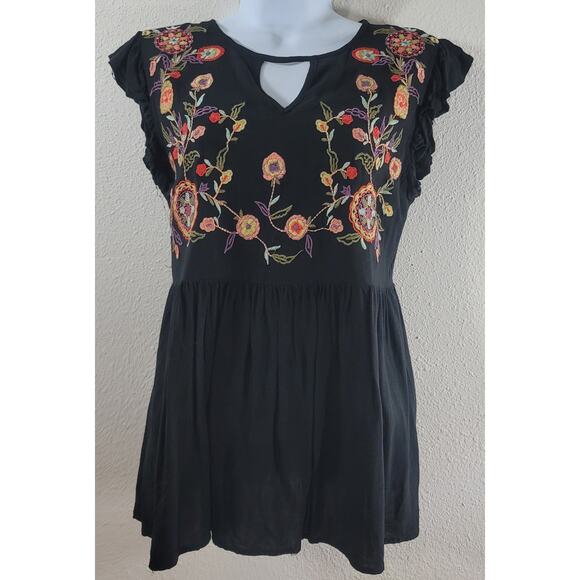 Entro Black Multicolor Embroidered Floral Peasant Top Small Lightweight Flowy - Picture 1 of 6